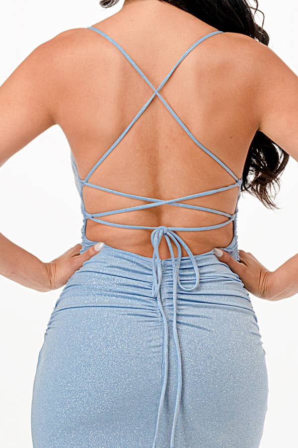 La Scala - Wholesale Dress - Women's - Glittered ITY Back lace up mermaid dress with waist shirring40
