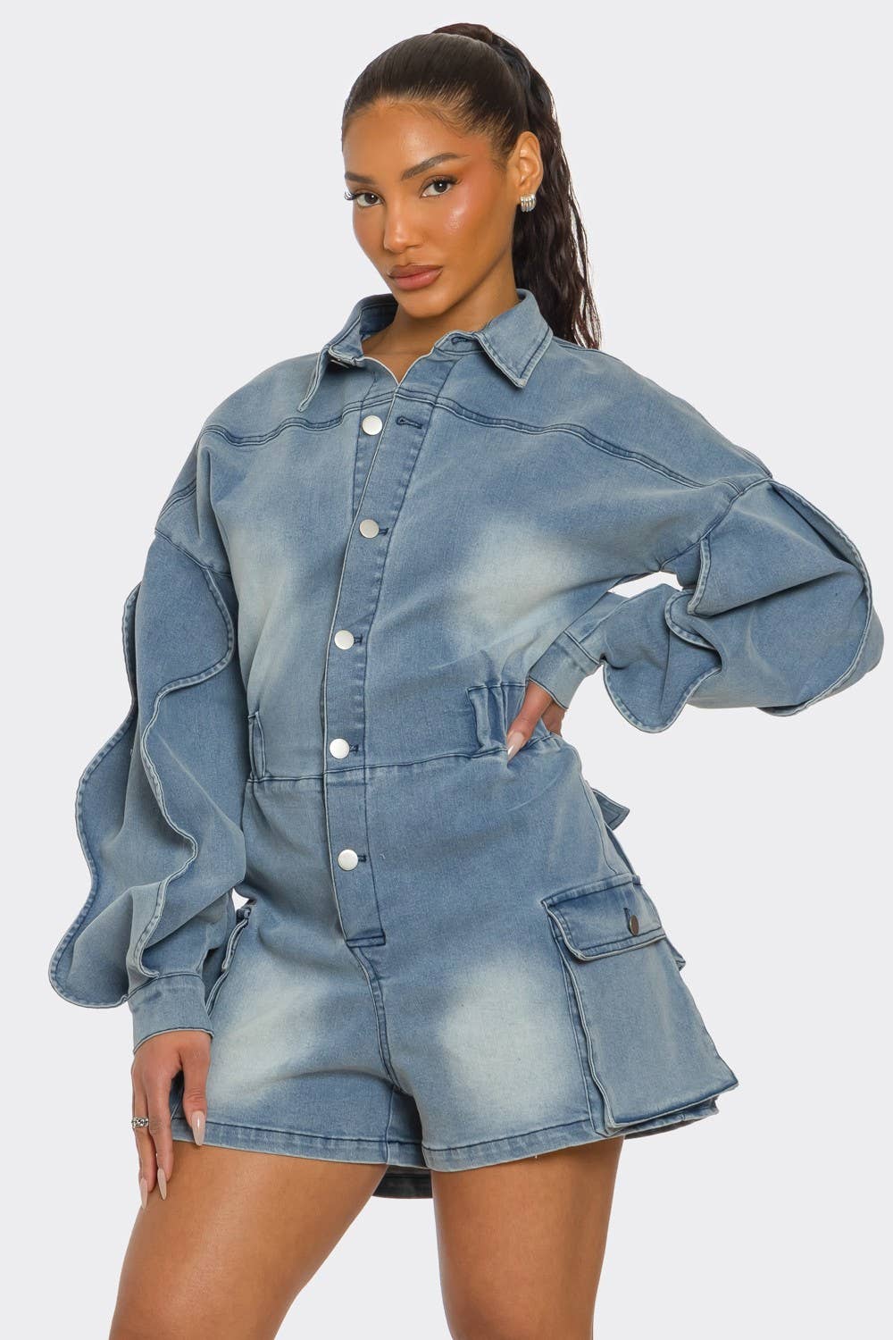 Athina Collection - Wholesale Romper - Women's - Sculpted Edge Denim Romper3