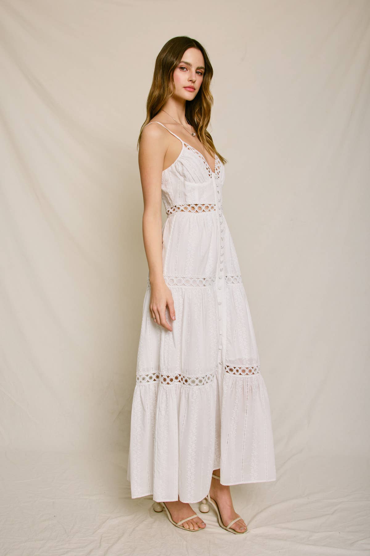IVORY Sunbeam Eyelet Lace Inset Tiered Maxi Dress for wholesale on Faire1