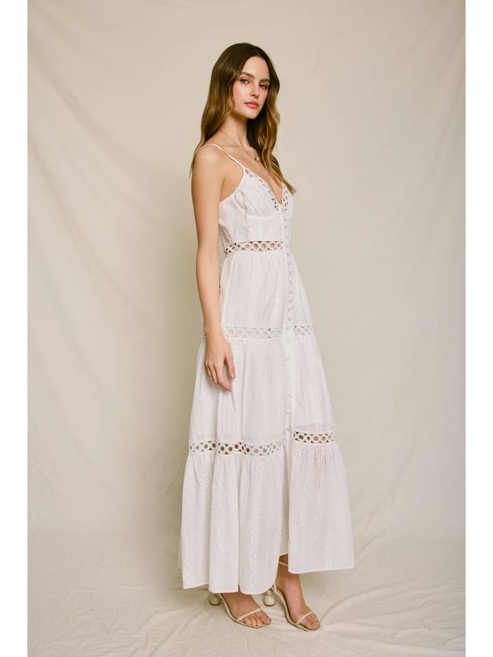 IVORY Sunbeam Eyelet Lace Inset Tiered Maxi Dress for wholesale on Faire1