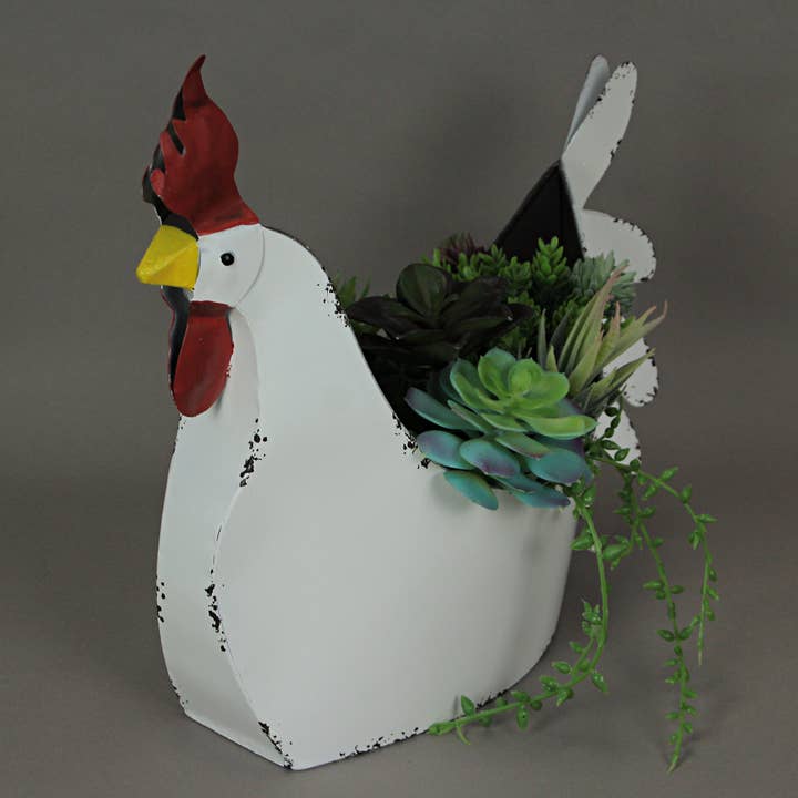Zeckos - Wholesale Plant Pot - Rustic White Galvanized Metal Indoor/Outdoor Rooster Planter
