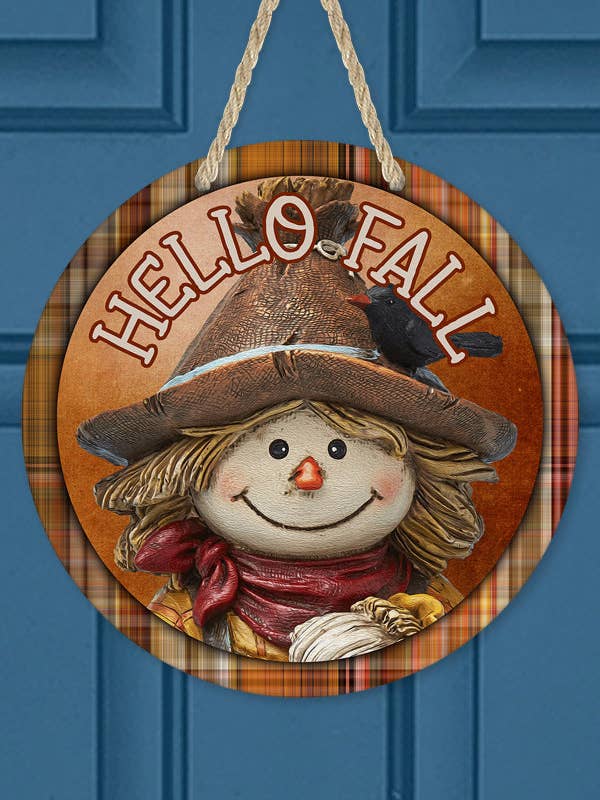Autumn Decor Hello Fall Plaid Scarecrow Door Hanger for wholesale by Cali Boutique Wholesale