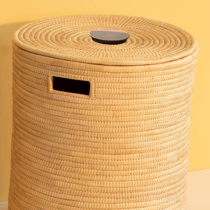 MALAWI WOVEN HAMPER LARGE WITH WOODEN HANDLE (17.5'd x 21') for wholesale by Mbare Home + Gift