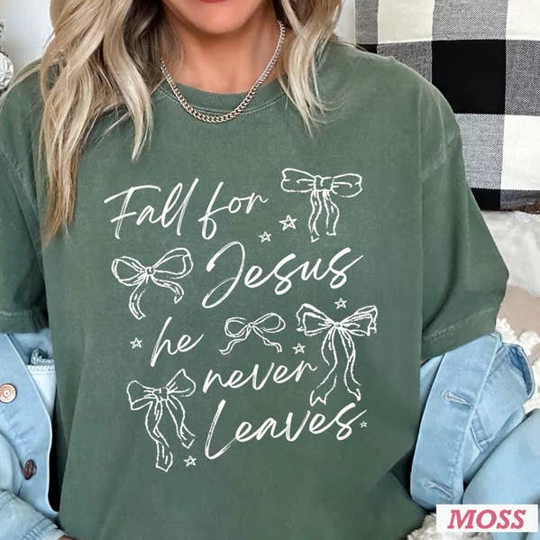 Gospel Gear Co - Wholesale Screen Printed T-Shirt - Women's - Fall For Jesus He Never Leaves Bows Graphic Shirt1