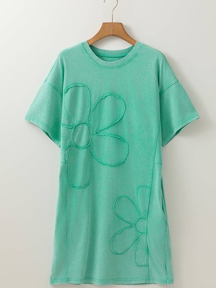 Lovesoft - Wholesale Dress – Women's - Mint Green Mineral Wash Flower Patchwork Mini T Shirt Dress2