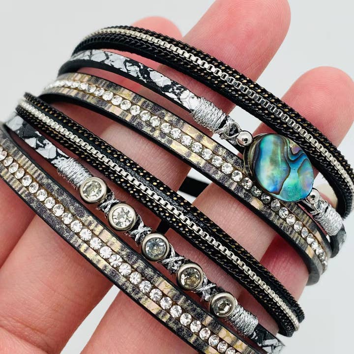 Mio Queena - Wholesale Tennis Bracelet - Abalone Shell Rhinestone Leather Bracelet - BJ/LB1