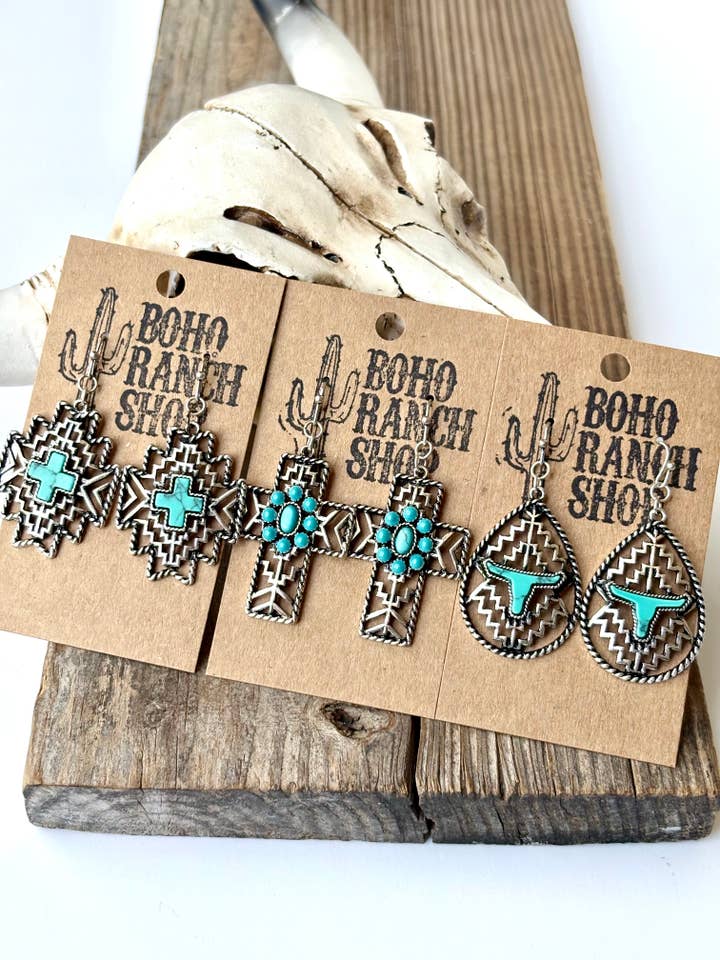 Western Filigree Turquoise Stone Dangle Earrings for wholesale by Boho Ranch Shop