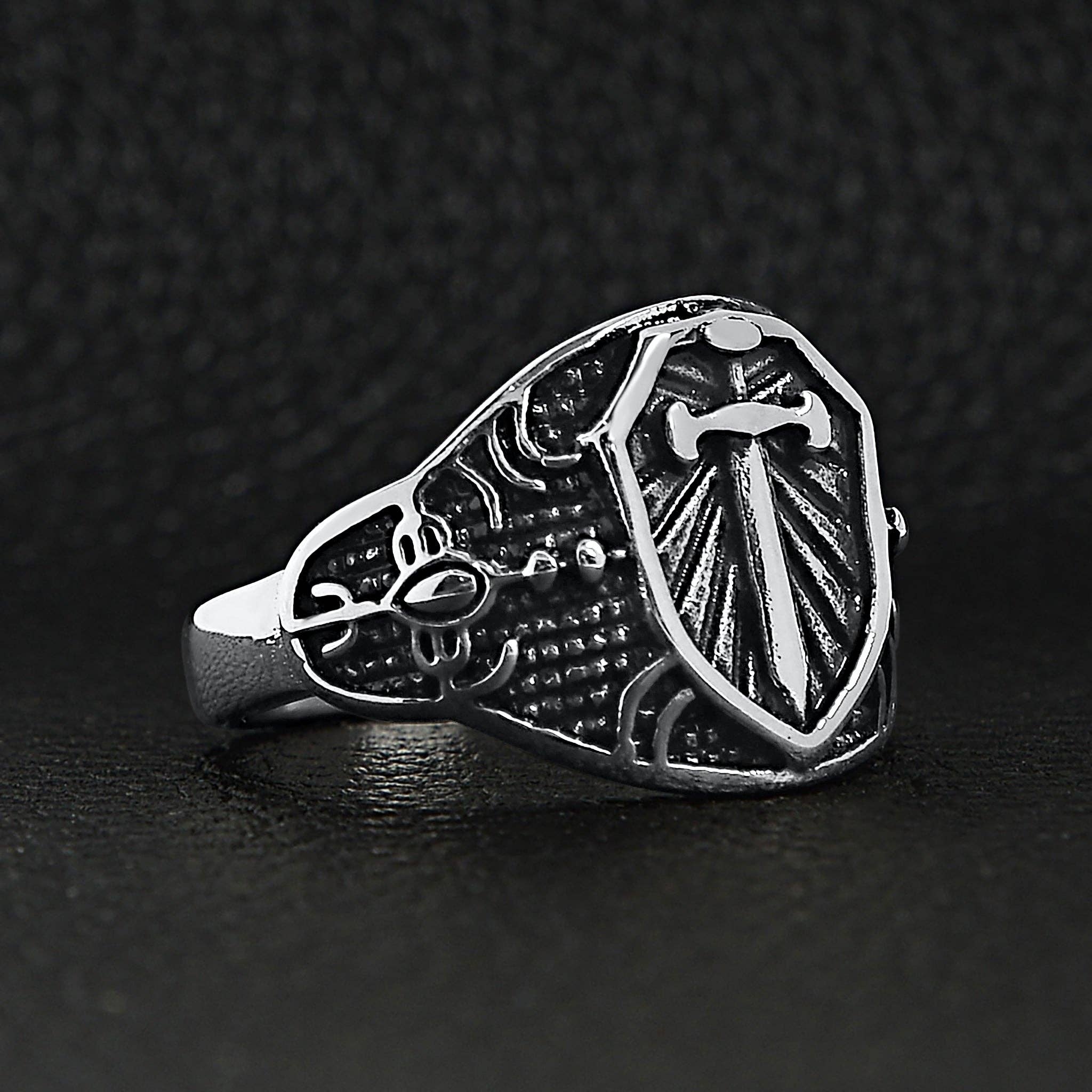 WJW - Wholesale Signet Ring - Stainless Steel Medieval Sword and Shield Signet Ring6