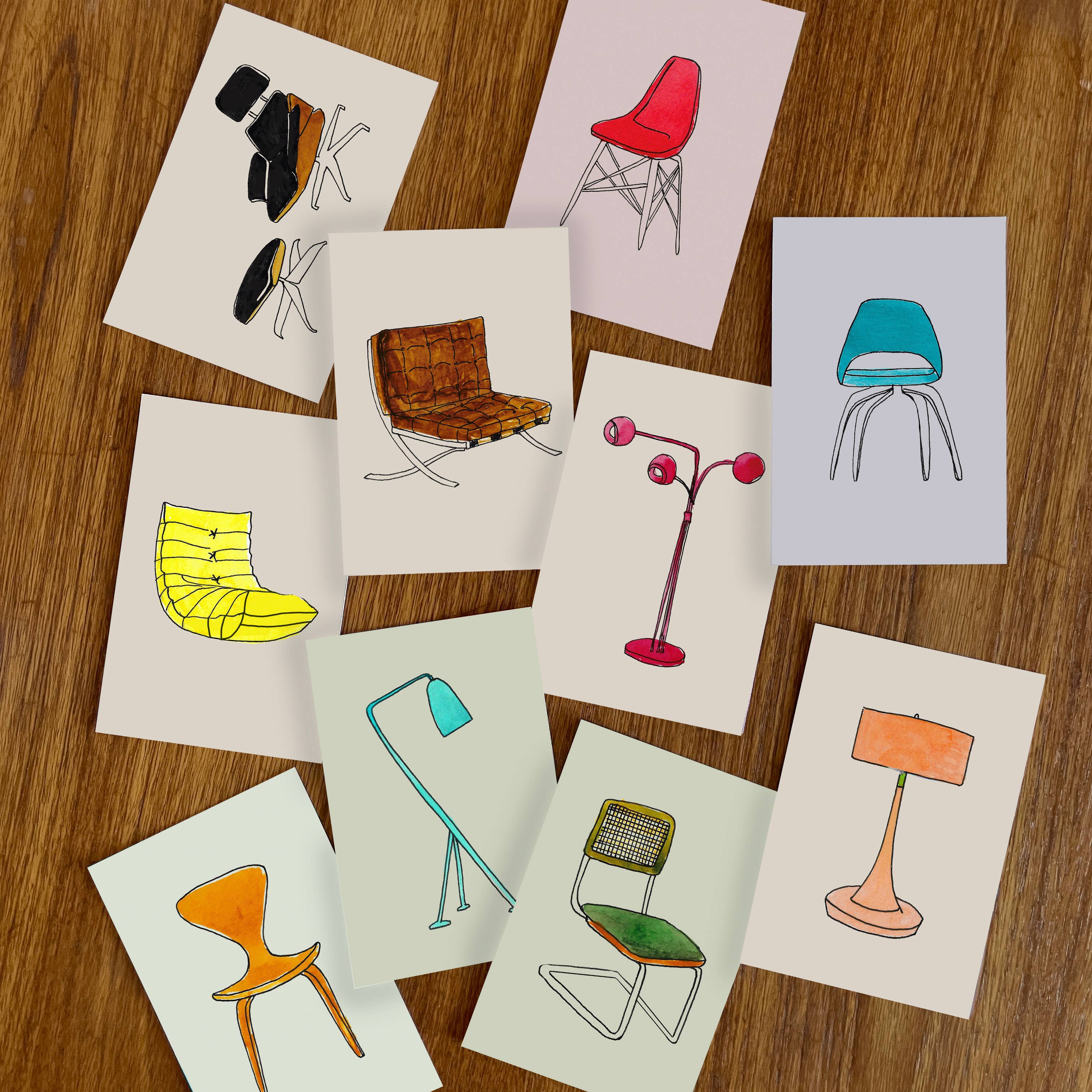 Honora Papers - Wholesale Postcard Set - Pack of 10 Postcards of Midcentuy-Modern Furniture Icons1