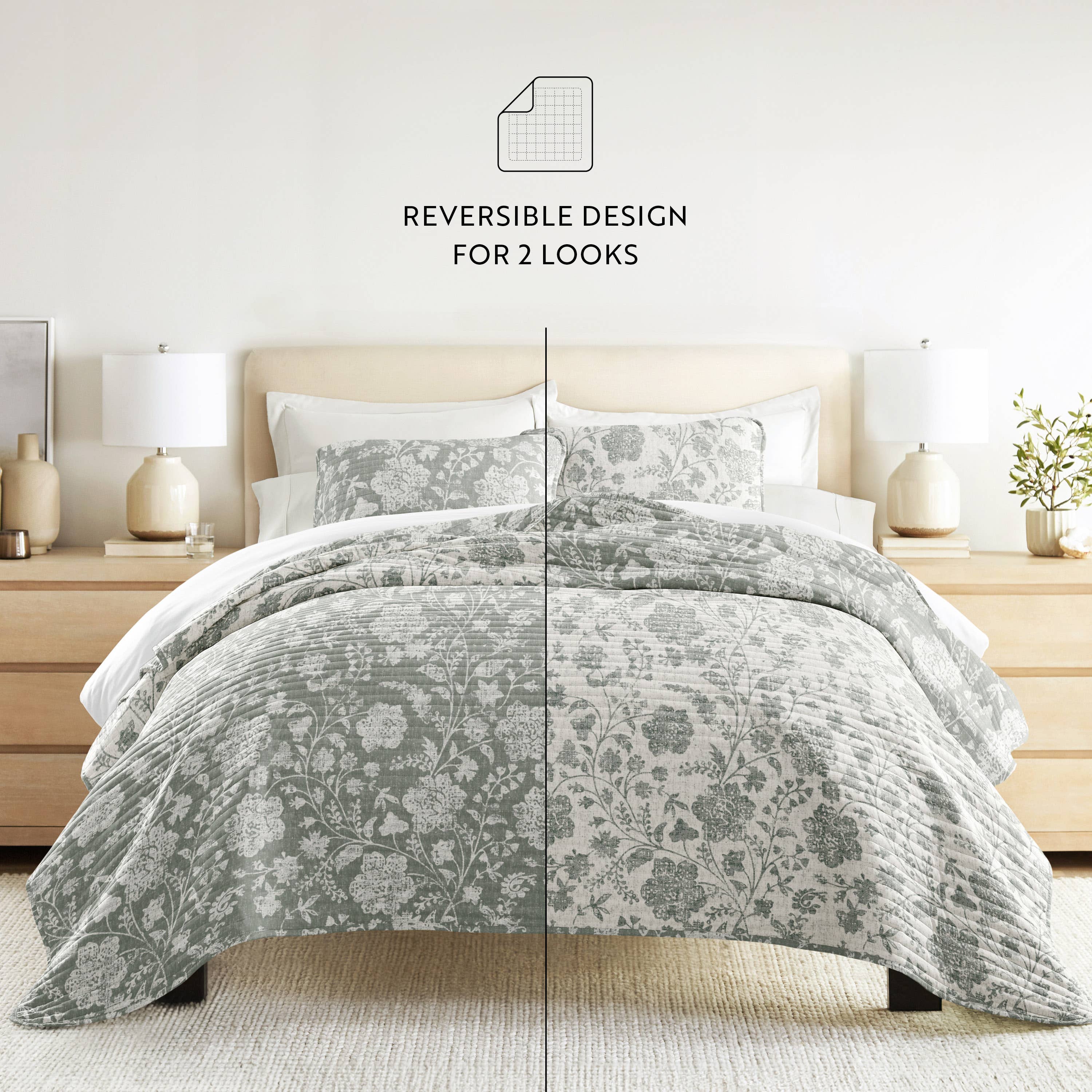 ienjoy Home - Vente Courtepointe - Ensemble de couette réversible à motifs floraux texturés toutes saisons6
