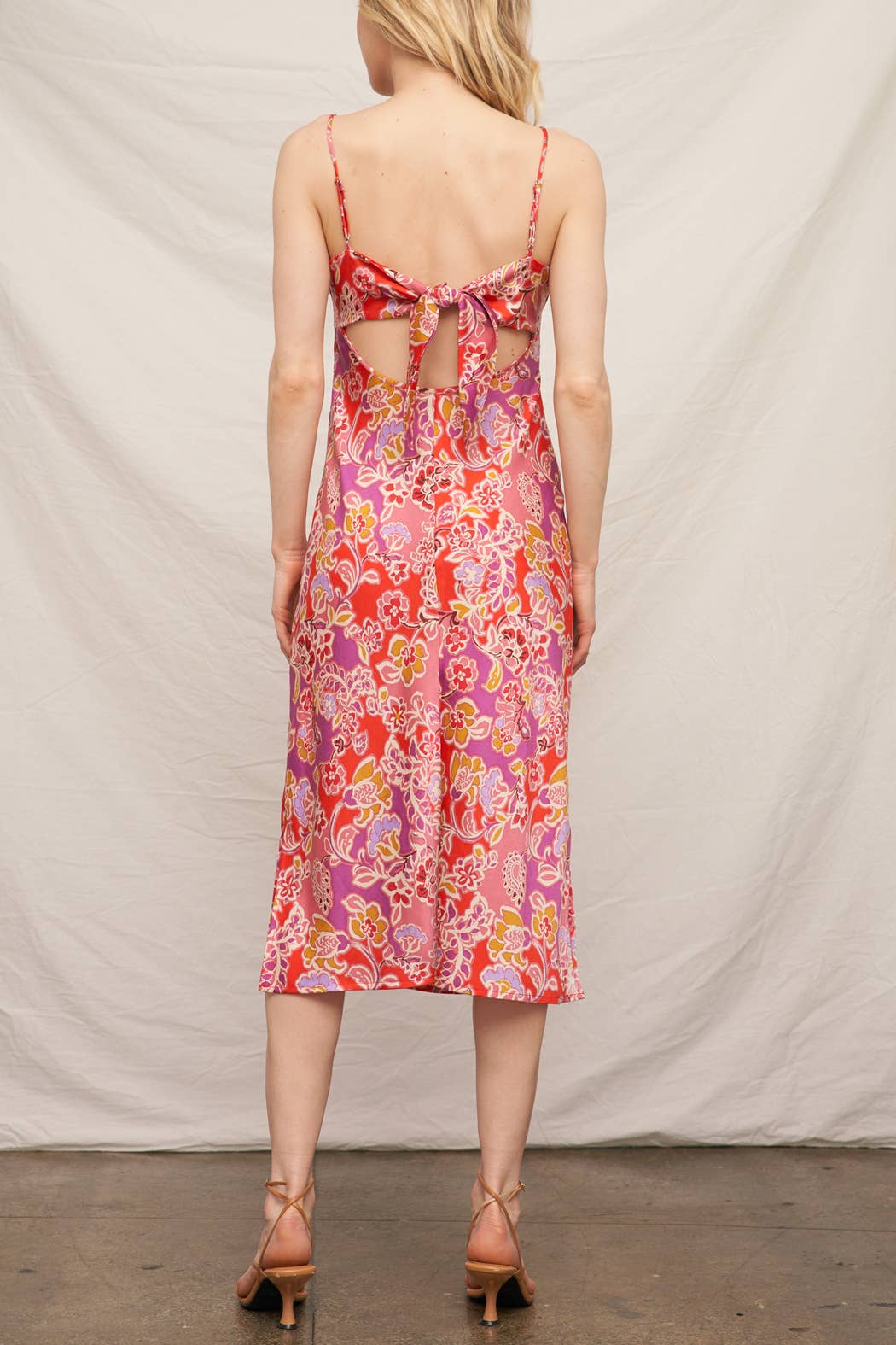 Pink Multi Sleeveless Floral Satin Midi Dress  for wholesale on Faire5