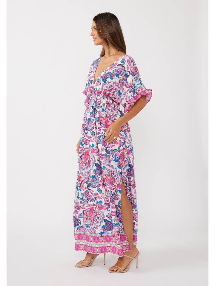 Natural Dusty Pink Floral Kimono Sleeve Smocked Waist Maxi Dress for wholesale on Faire1