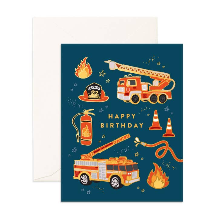 Birthday Fire Trucks Greeting Card for wholesale by Fox & Fallow