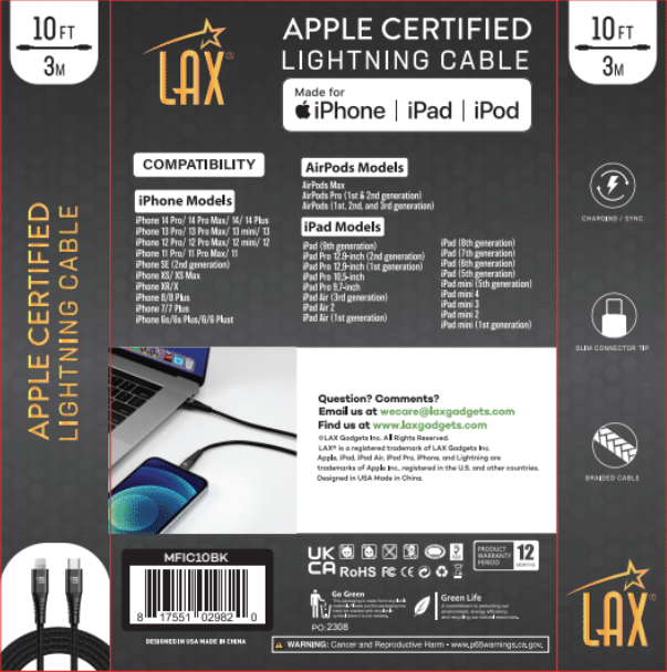 LAX Gadgets - Wholesale Charging Cable - Apple MFi Certified USB-C Iphone Cable -10ft Retail Pack11