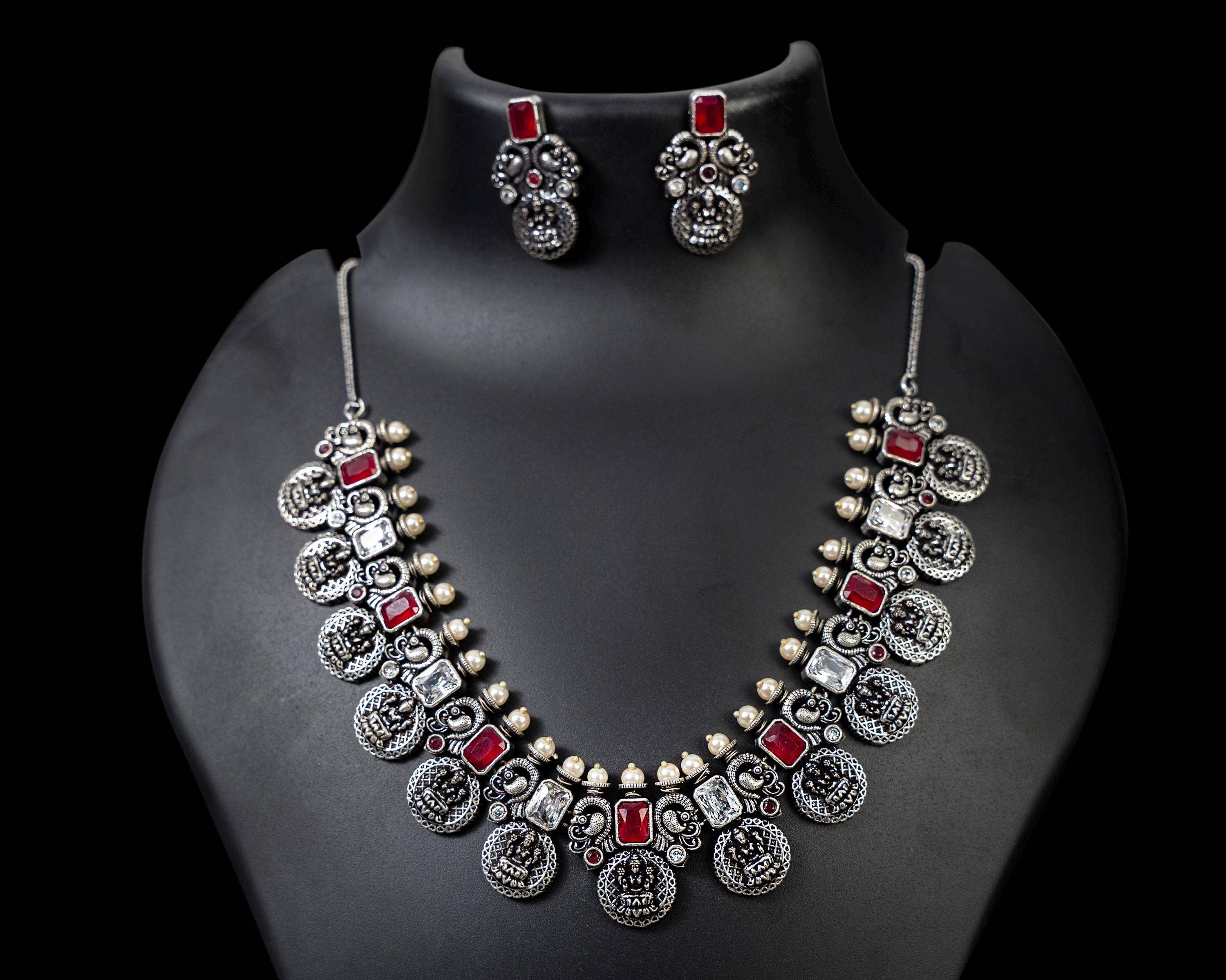 Vastrabhushan – wholesale Jewellery set – Indian Oxidised Stone Necklace Set Silver Plated Handmade0