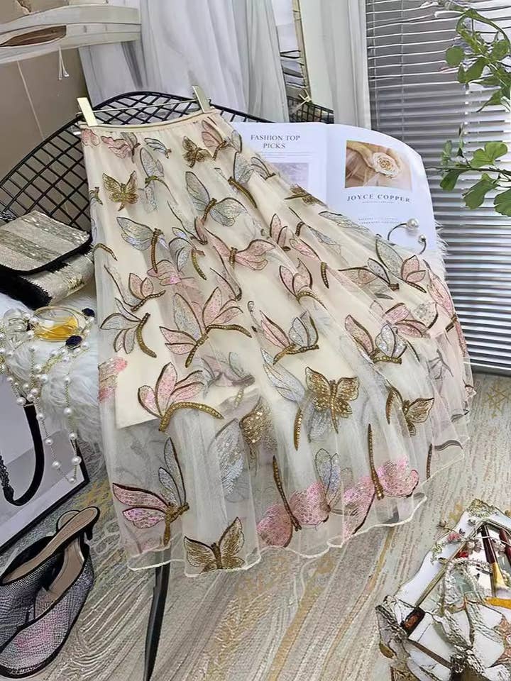 PEACH ACCESSORIES – wholesale Skirt – Women’s – Sequined Dragonfly Embroidery Mesh Tulle Skirts SK1942