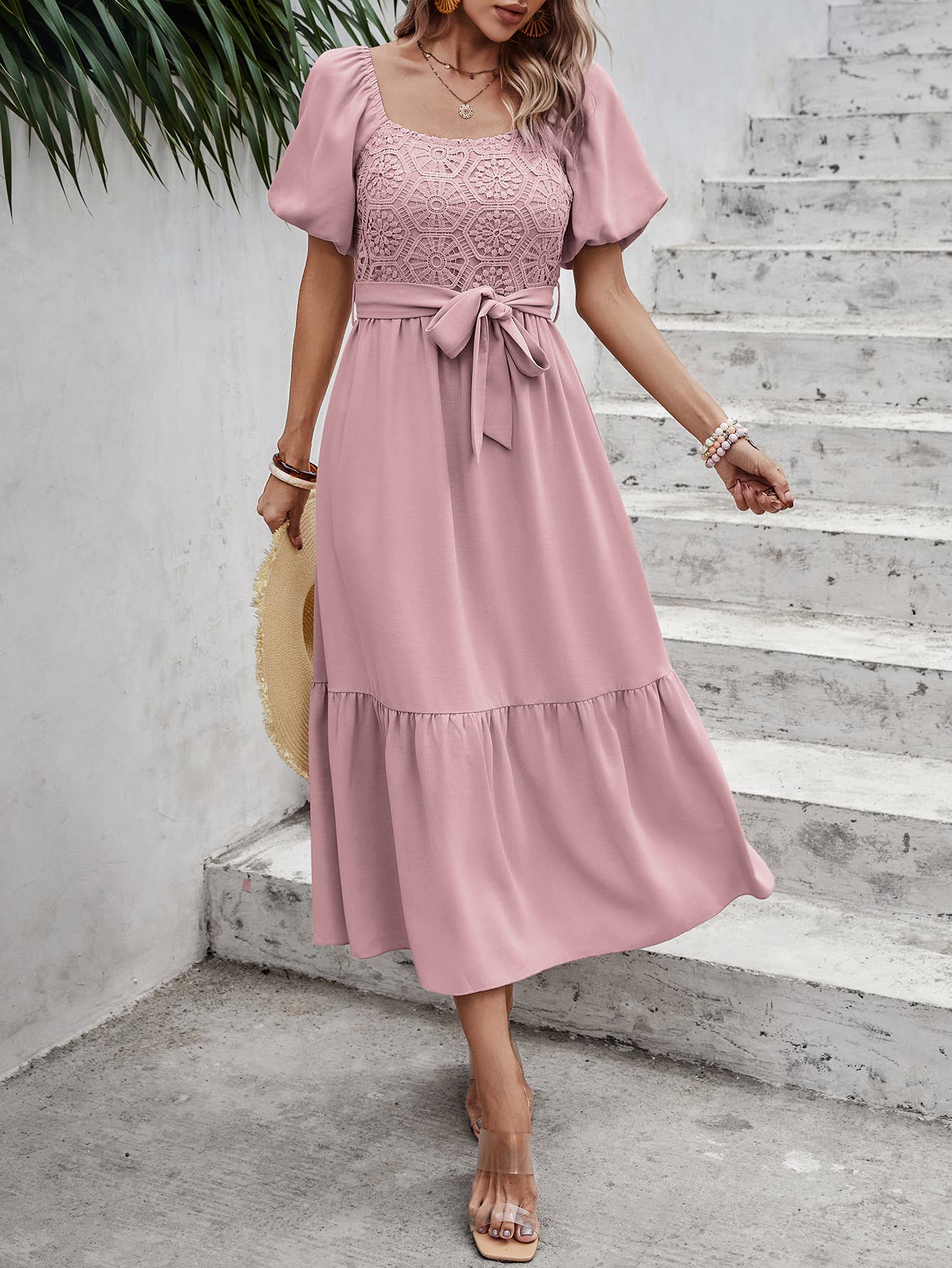 eLook - Wholesale Jurk - Dames - SZ1-DR1008 Midi-jurk met haakdetails en pofmouwen en riem11