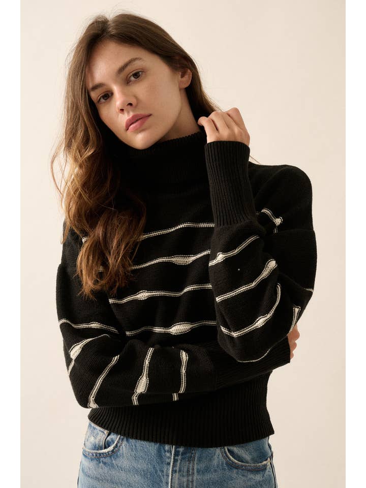 Promesa USA - Wholesale Knit Sweater - Women's - Striped Knit Banded-Hem Cropped Turtleneck Sweater