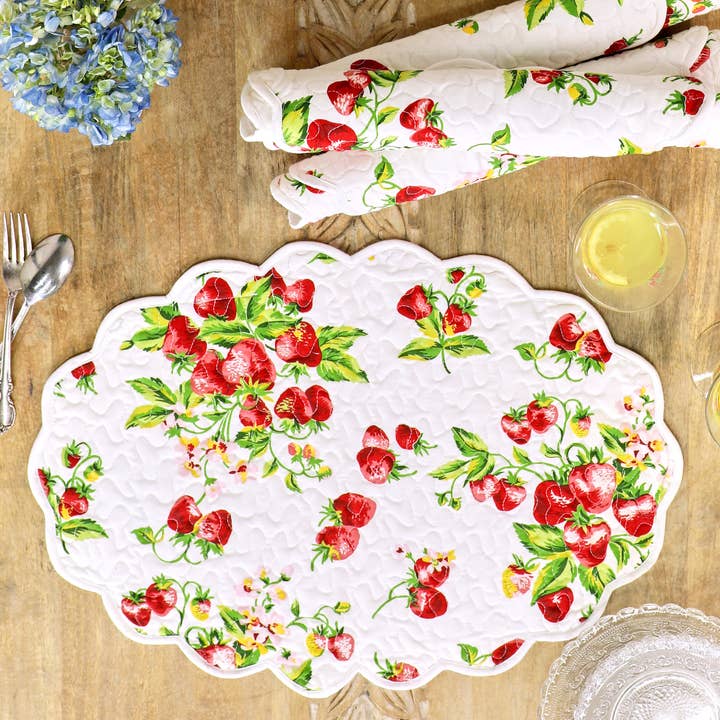 Strawberry Basket Quilted Placemat Set of 4 - Ecru for wholesale by April Cornell