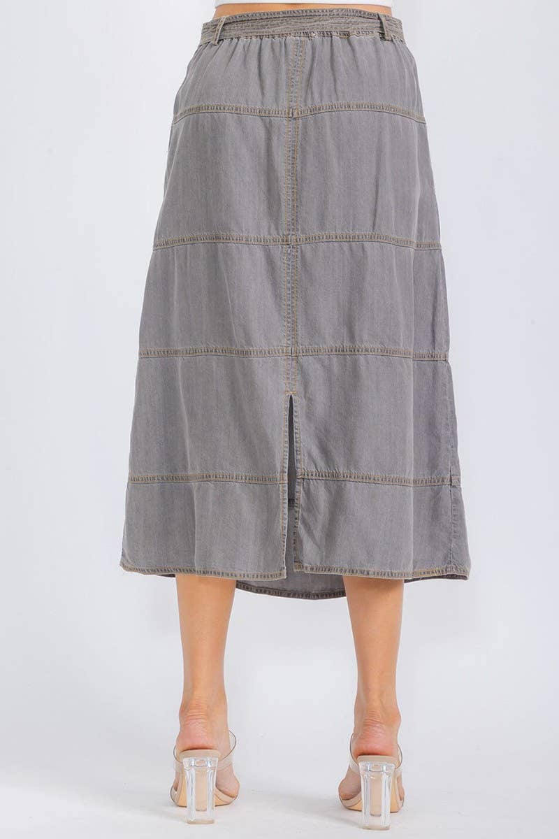Gray 2250045- Solid lyocell tiered tied waist midi skirt for wholesale on Faire2