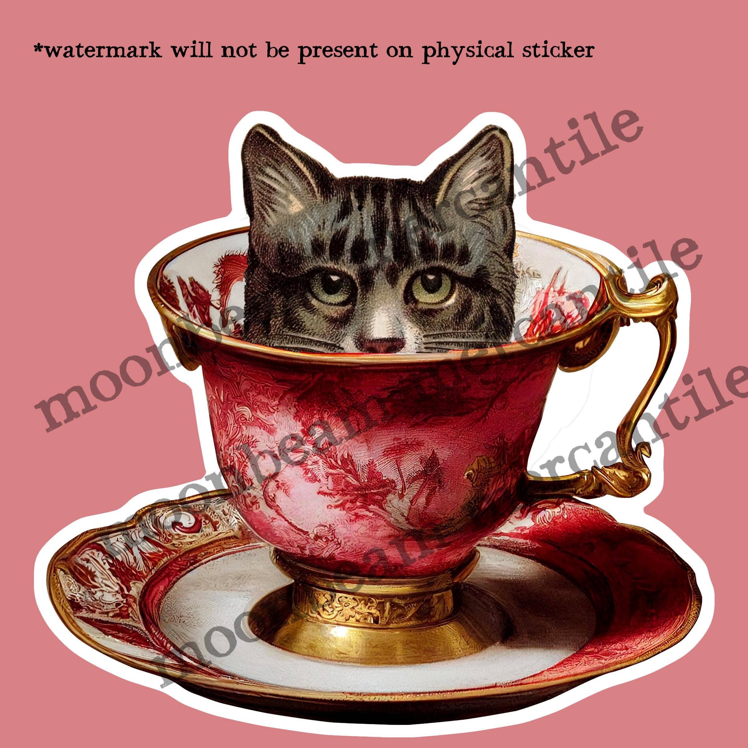 Moonbeam Mercantile - Wholesale Sticker - Vintage Cat in a Teacup Sticker1