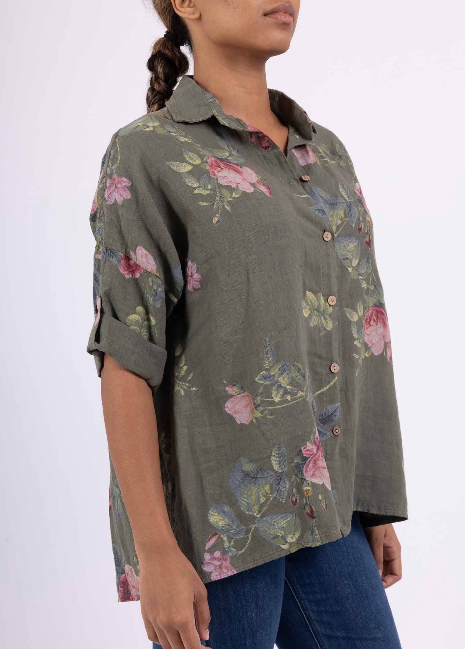 LINEN & COTTON HOUSE – Engroshandel Skjorte med buttondown – til kvinder – Tunika i 100% hør med blomsterprint 523513