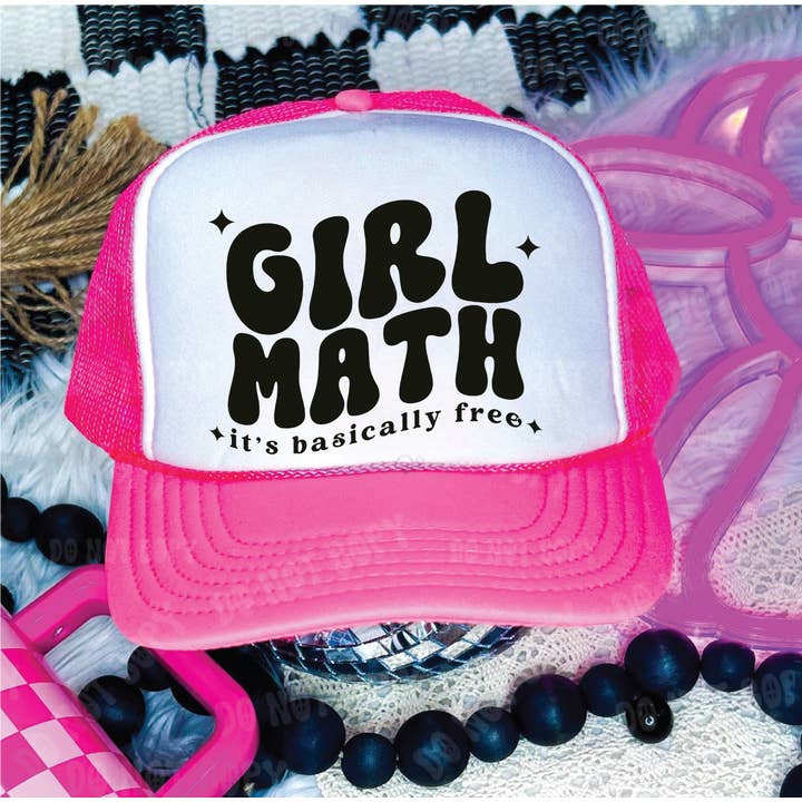 Southern Attitude Designs Inc - Wholesale Trucker Hat - Women's - Girl Math DTF Printed Neon Pink & White Trucker Hat0