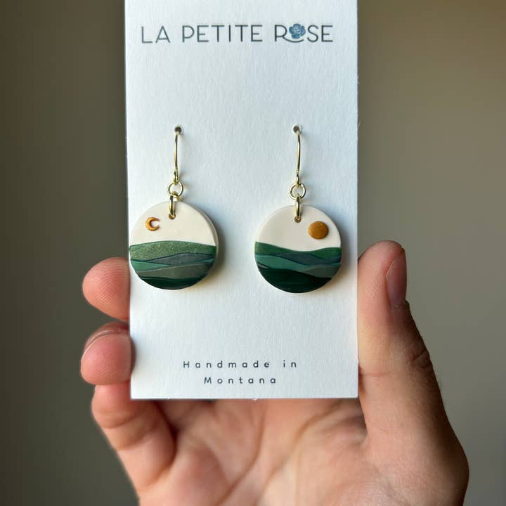 Celestial Mountain Landscape Clay Earrings, Sun Moon Dangles Landscape Clay Earrings, Sun Moon Dangles for wholesale by La Petite Rose LLC