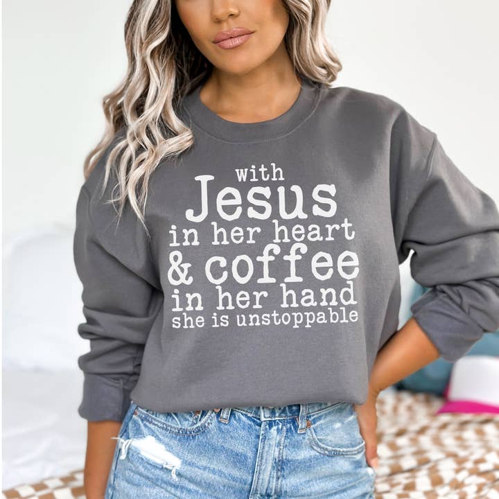 Jesus in Her Heart Coffee in Her Hand Crewneck Sweatshirt for wholesale by J. Mack Designs