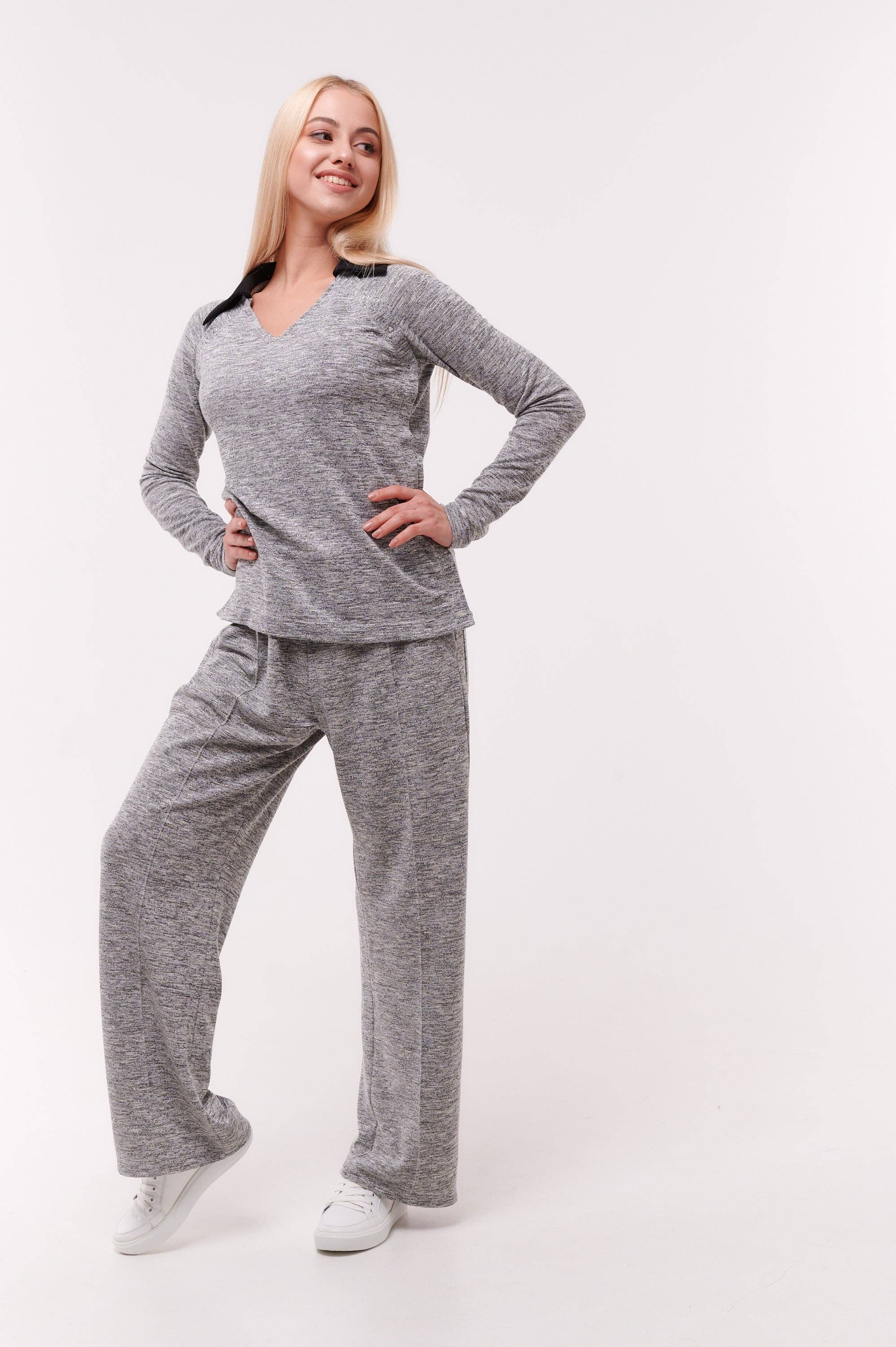 Silber Grau Top mit Kragen und Seitennaht-Öffnung Silber Langarm für den Großhandel auf Faire3