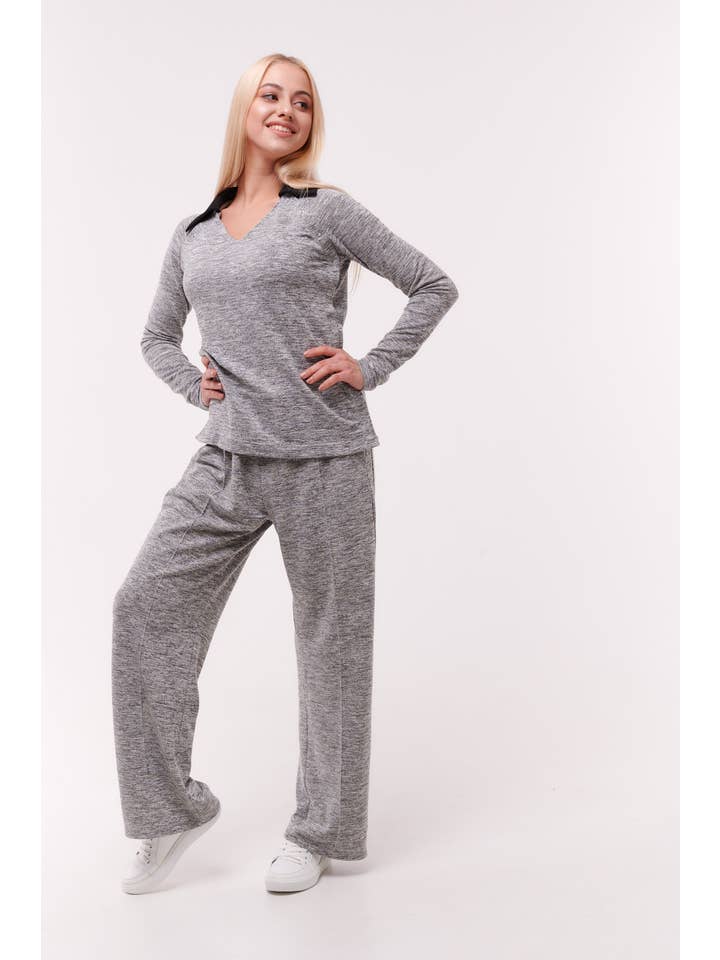 Silber Grau Top mit Kragen und Seitennaht-Öffnung Silber Langarm für den Großhandel auf Faire3