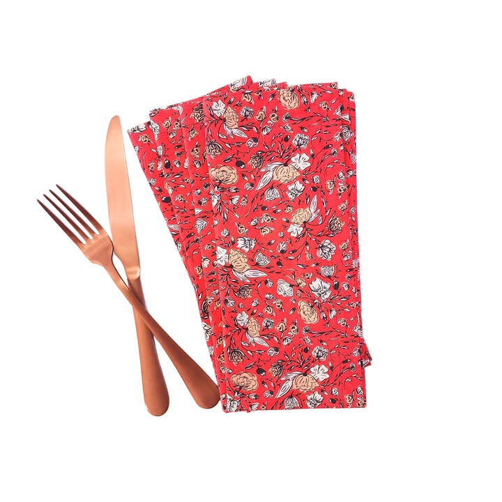 90 West Linen Co. - Wholesale Dinner & Cloth Napkin - Vibrant Red Floral Cloth Napkins, Set of 46