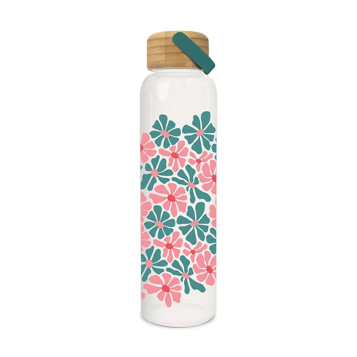 Studio Oh! - Wholesale Water Bottle - Daisy Maze Glass Water Bottle with Bamboo Lid