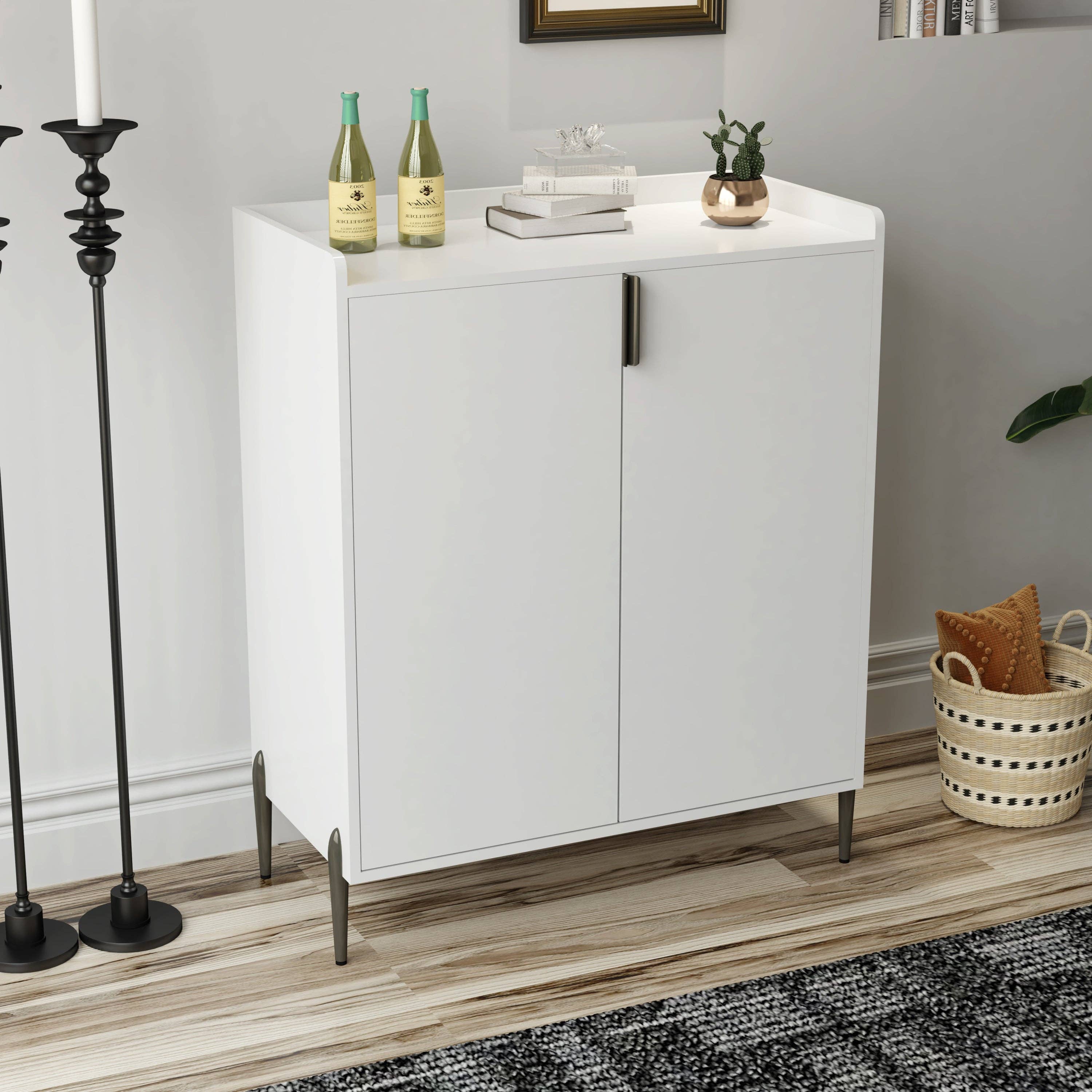 39F Inc. - Wholesale Cabinet - 2 doors home wine bar cabinet with wine rack & adjustable storage shelf, modern sideboard with soft-closing hinge, dinning room buffet cabinet, Liquor Cabinet kitchen, living room coffee cart White1