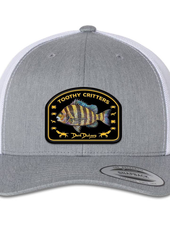 Boné Sheepshead Toothy Critters 6 Painéis Trucker Snap Cinzento Mesclado Branco por atacado de David Dunleavy