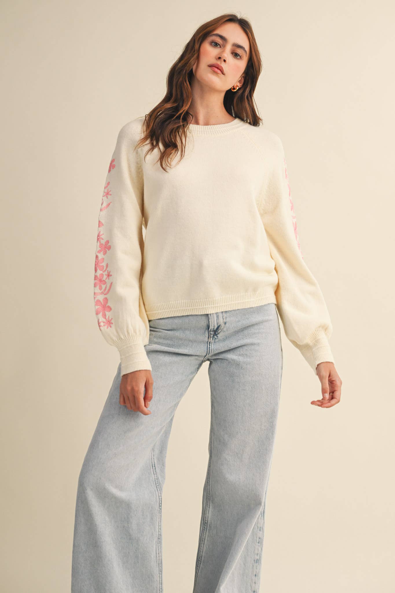 &MERCI - Wholesale Knit Sweater - Women's - PULLOVER SWEATER WITH FLORAL EMBROIDERED SLEEVES MSW1089028