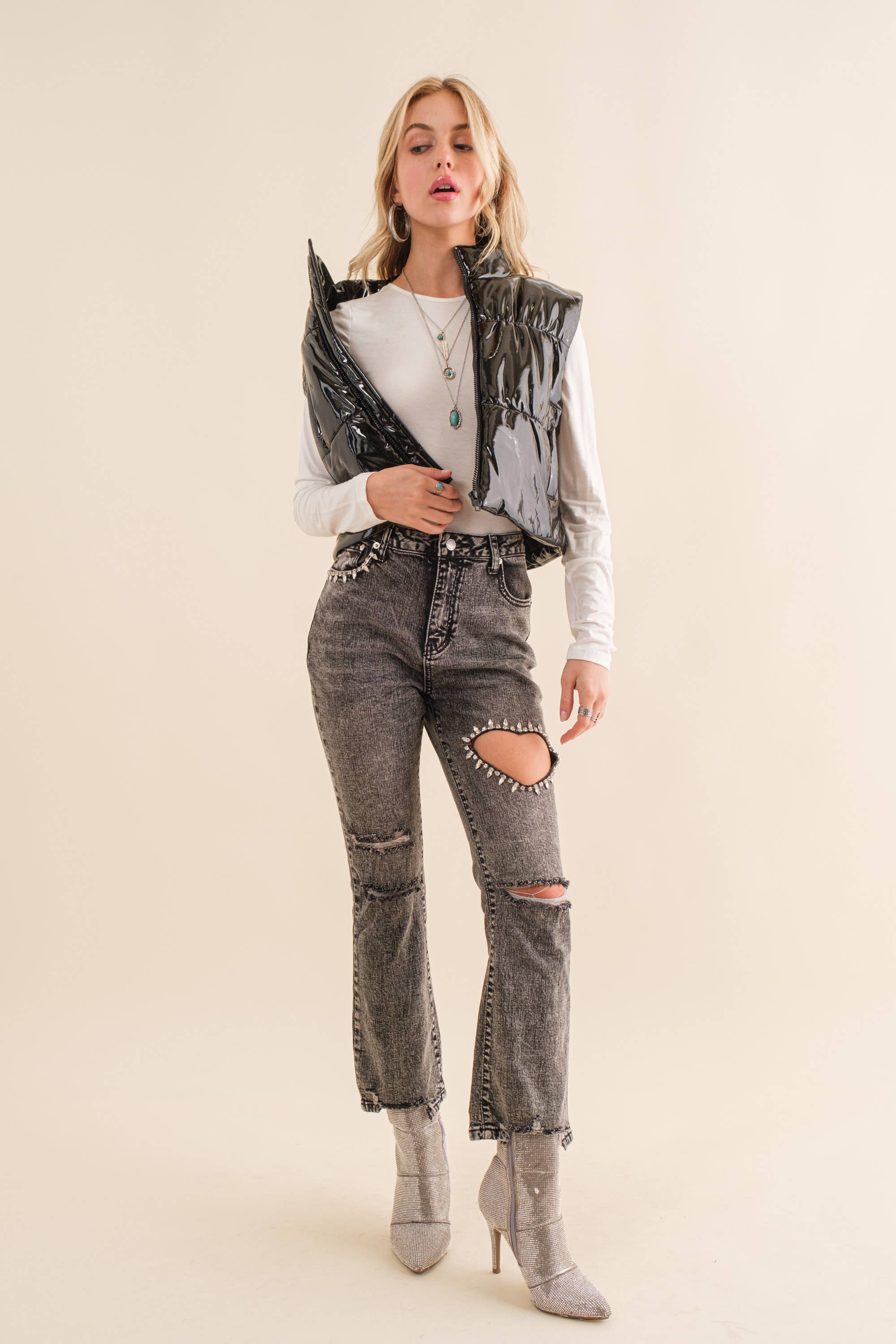 Blue B - Wholesale Outerwear Vest - Women's - 22656J - Gloss Shiny PU Quilted Puffer Zip Up Crop Vest23