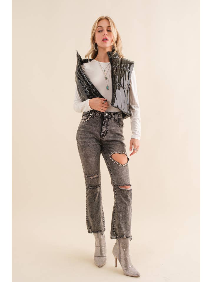 Blue B - Wholesale Outerwear Vest - Women's - 22656J - Gloss Shiny PU Quilted Puffer Zip Up Crop Vest23