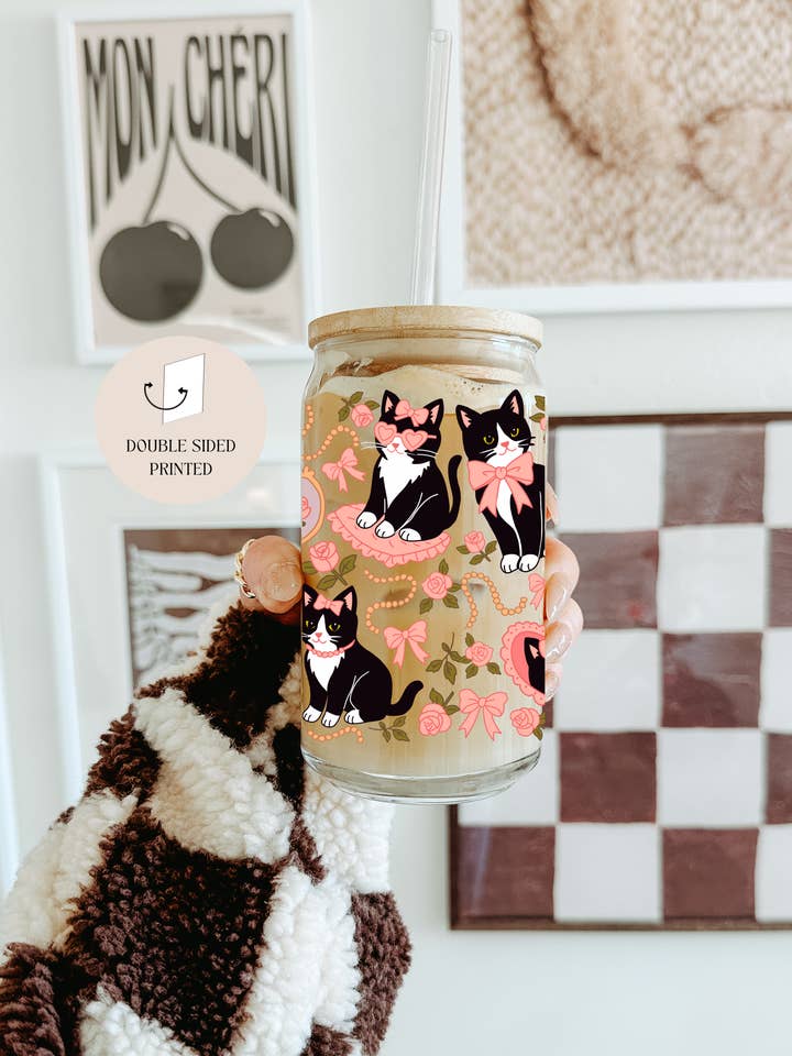 Preppy Cat Glass Tumbler with Bamboo Lid & Glass Straw for wholesale by the cute cloud