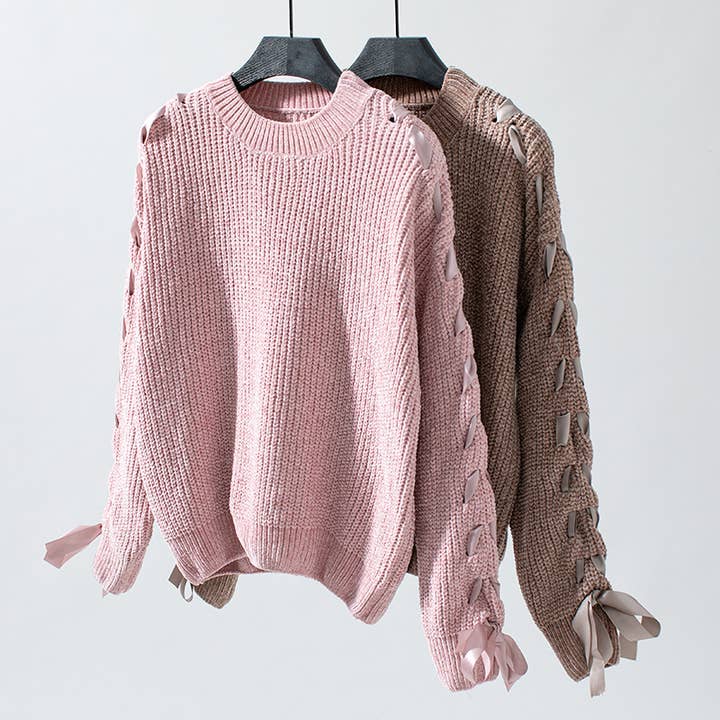 Rosa Clothing - Wholesale Knit Sweater - Women's - Sweet Bow Ribbon Sleeve Pullover Sweater