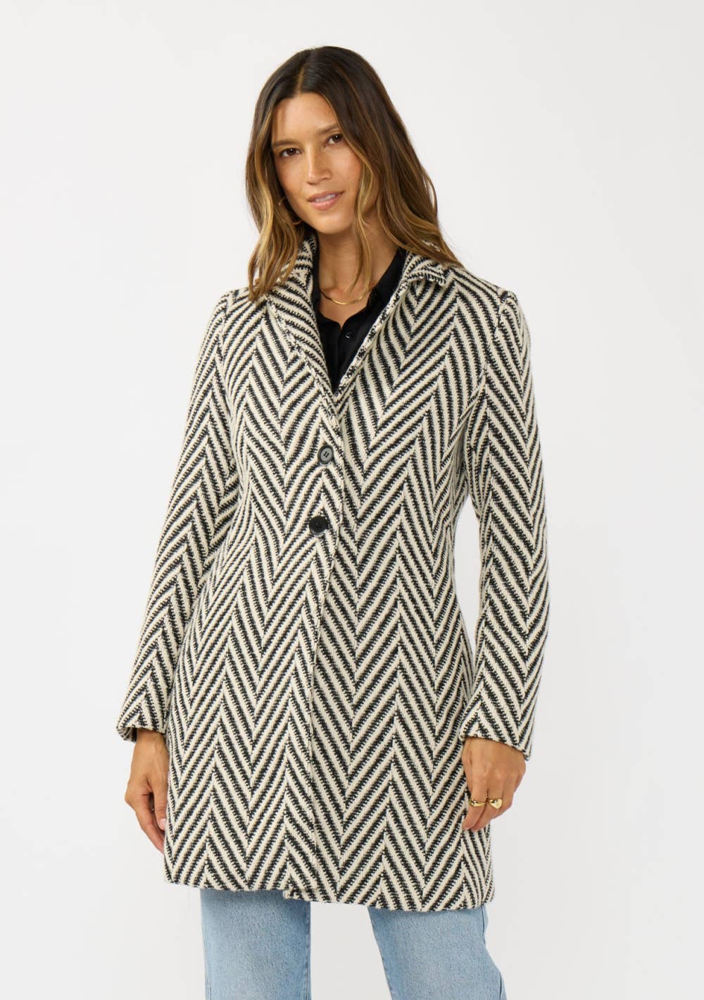 Cream Black Chevron Notched Lapel Long Sleeve Coat for wholesale on Faire5