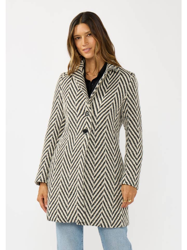 Cream Black Chevron Notched Lapel Long Sleeve Coat for wholesale on Faire5