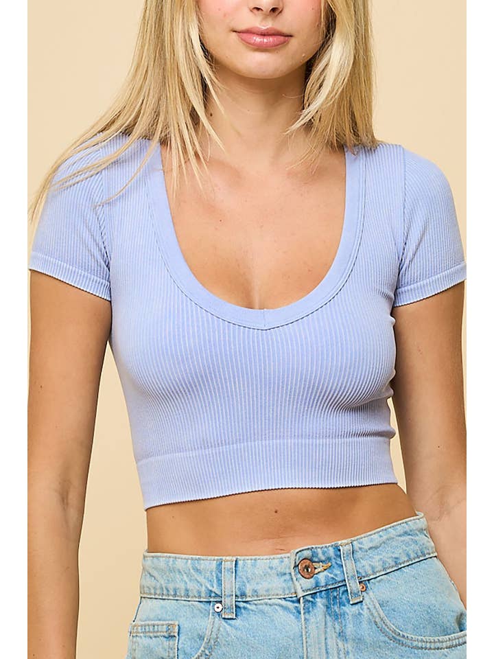 ROUSSEAU - Wholesale Knit Top - Women's - RIBBED KNIT DEEP SCOOP NECK SHORT SLEEVE CROP TOP