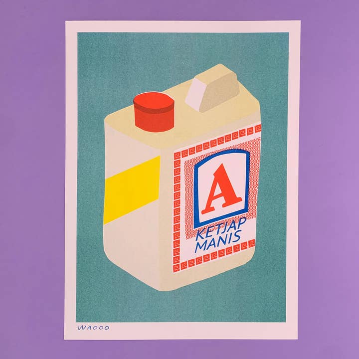A 30 x 40 cm risograph print of a container of ketjap manis for wholesale by We are out of office