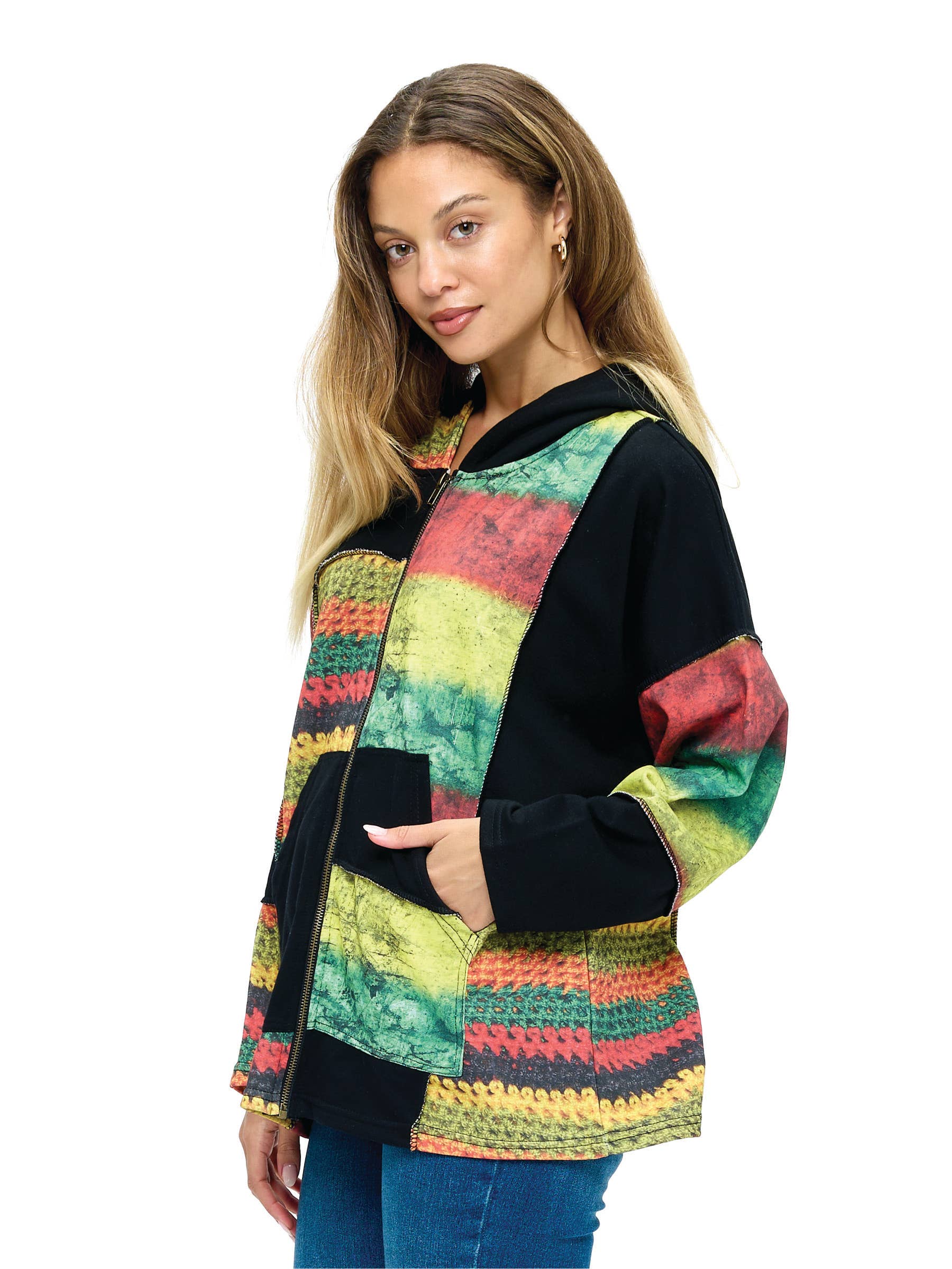 Zip-up Hoodie Patchwork Rasta Colorblock for wholesale on Faire1