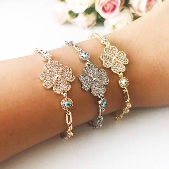 Evileyefavor - Vente Bracelets à breloques/pendentifs - Bracelet en trèfle mauvais œil, bijoux mauvais œil, bracelet trèfle à quatre feuilles en argent or rose