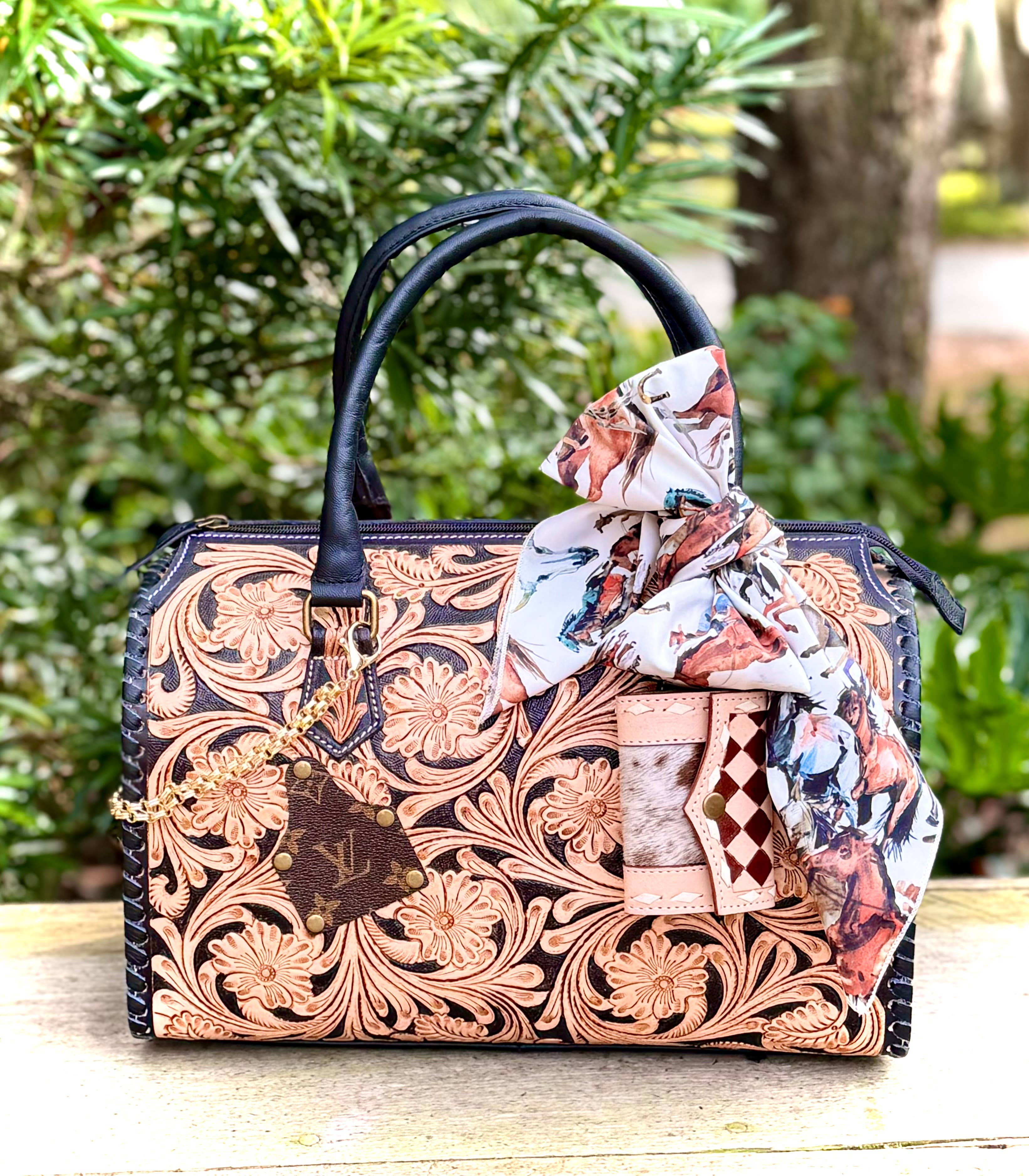 Southern Junkie Gypsy Boutique - Wholesale Crossbody Bag - Women's - Upcycled LV Tooled Leather Speedy Bag Western Crossbody 2