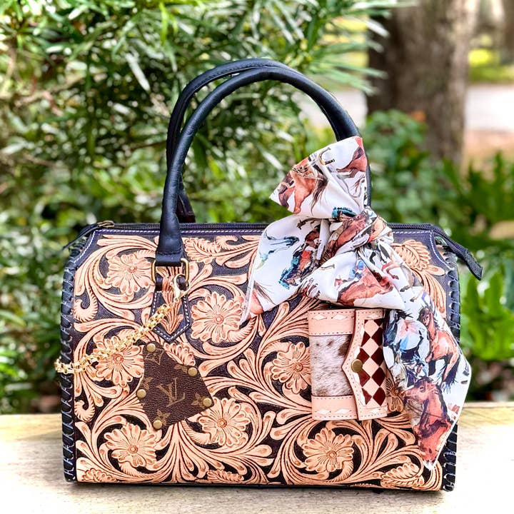 Southern Junkie Gypsy Boutique - Wholesale Crossbody Bag - Women's - Upcycled LV Tooled Leather Speedy Bag Western Crossbody 2