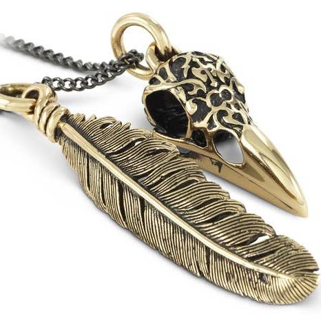 Ornate Raven Skull & Feather Necklace - Bronze for wholesale by Lost Apostle