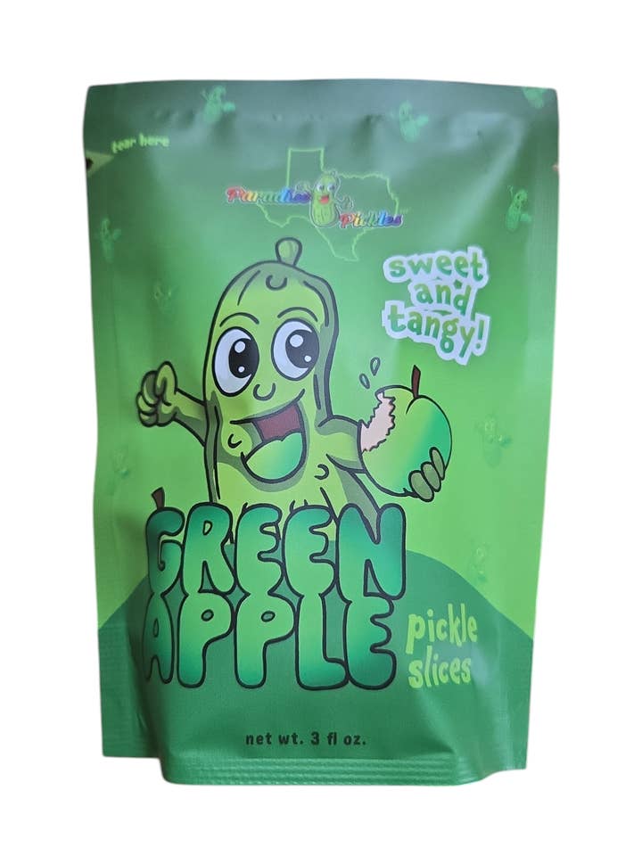 25 Green Apple Pickle Snacks!  for wholesale by Paradise Pickles LLC